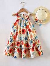 Girls' Floral Print Halter Neck Loose Casual Dress With Ruffled Hem, Suitable For Casual Outings, Shopping, Vacation, Summer
